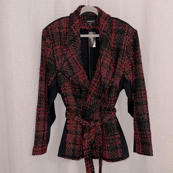 LANE BRYANT 26/28 Red Black Tweed Houndstooth Plaid Knit Back Combo Jacket - Picture 9 of 13